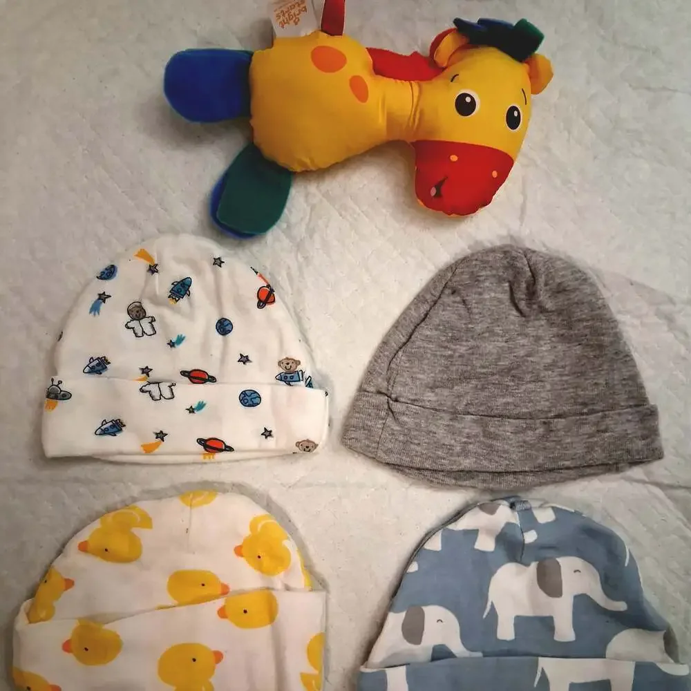 Gerber Baby Beanie Hats and Bright Starts Giraffe Toy Bundle